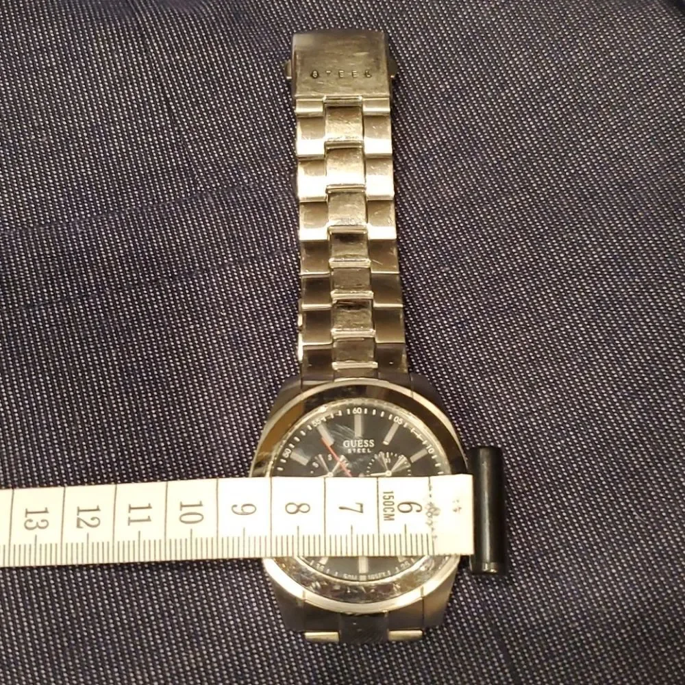Vintage Guess Steel Multifunction Silver-Tone Mens Watch - Black Dial